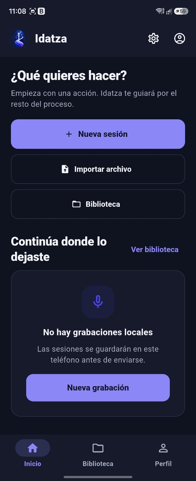 Pantalla de inicio de Idatza en Android